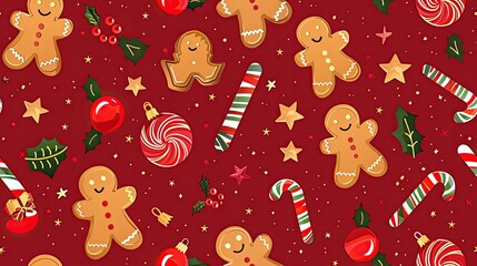 Naklejka premium Red Christmas pattern with gingerbread cookies, candy canes