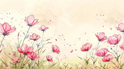 summer backdrop with empty space for text, delicate pink flowers blooming in a serene landscape with space for text.