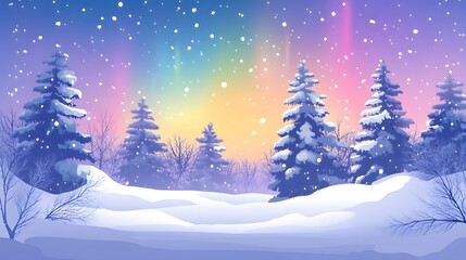 Fototapeta premium Beautiful winter landscape with snow-covered trees and colorful northern lights in the sky
