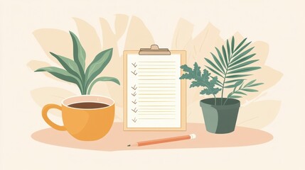 Fototapeta premium A cheerful workspace features a clipboard with a checklist, a cup of coffee, and decorative indoor plants, creating a productive atmosphere. Generative AI