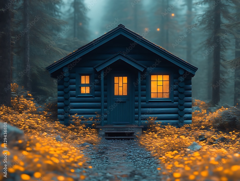 Aufkleber log cabin illuminated in a misty forest setting