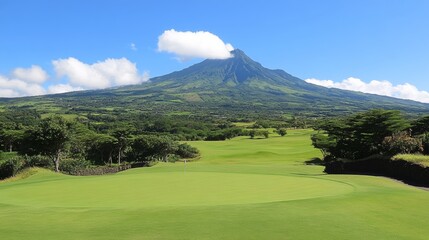 Fototapeta premium A stunning aerial view of a lush golf course framed by majestic mountains, where vibrant greens contrast against the rugged landscape.