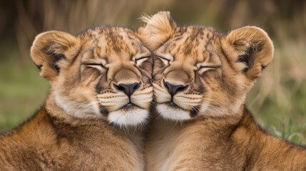 Fototapeta premium Two majestic lions rest side by side on a sunlit savannah, their golden fur blending with the lush green grass, embodying serenity and strength.