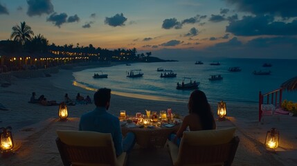 Under a starlit sky, a couple sits on the sandy beach, surrounded by flickering candles, creating a magical and romantic atmosphere.