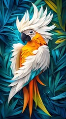 Fototapeta premium Macaw with Flowers, Formed With Paper Cut Art, Abstract Image, Texture, Pattern Background, Wallpaper, Cover and Screen of Smartphone, PC, Laptop, 9:16 and 16:9 Format