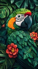 Fototapeta premium Macaw with Flowers, Formed With Paper Cut Art, Abstract Image, Texture, Pattern Background, Wallpaper, Cover and Screen of Smartphone, PC, Laptop, 9:16 and 16:9 Format