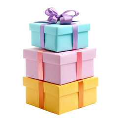 Obraz premium Stack of colorful gift boxes tied with ribbons isolated on transparent background