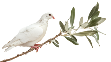 White dove on olive branch isolated on transparent background