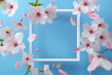 Obraz premium Mockup blank square frame with pink and white flowers on a blue background