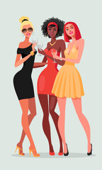 Three attractive ladies holding champagne glasses are celebrating the new year.