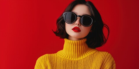 Asian woman in trendy yellow outfit with red background and bold sunglasses