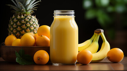 Fruit smoothie with banana, oranges and pineapple in jar on wooden table surrounded by fruits