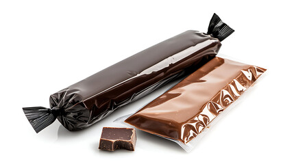 Two chocolate bars are wrapped in plastic and placed next to each other