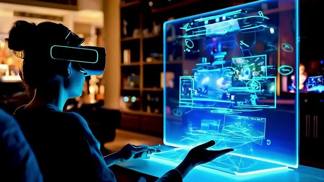 a woman wearing a VR headset and interacting with a holographic computer