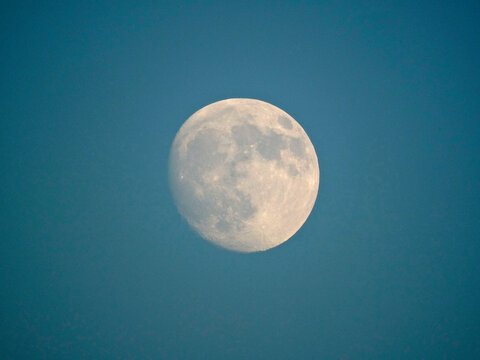 Clear night sky, waxing gibbous moon, deep blue evening sky, tranquil scene, no clouds or celestial bodies nearby, no artificial light distractions