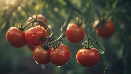 Red tomatoes are an organic greenhouse with a shallow depth  background for copy space