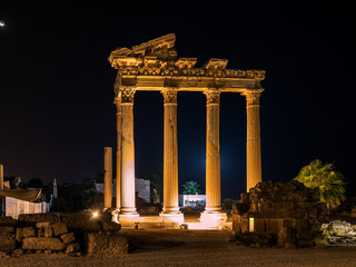 Night illumination of the Temple of Apollo in the city of Side on the Turkish Riviera.