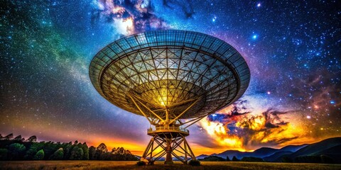 Giant radio telescopes hunt alien signals, unveiling deep space mysteries through stunning astronomy photography.