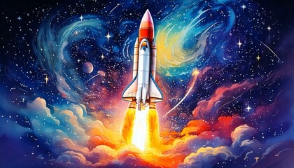 Obraz premium Rocket launch in a watercolor cosmic sky filled with swirling galaxies.