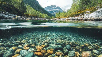 A serene underwater view of colorful stones beneath clear water, with a backdrop of lush greenery and majestic mountains.