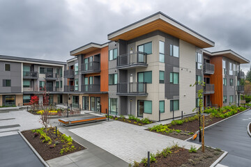 Urban affordable housing, compact multi-story building with a modern facade, small balconies, and a paved courtyard