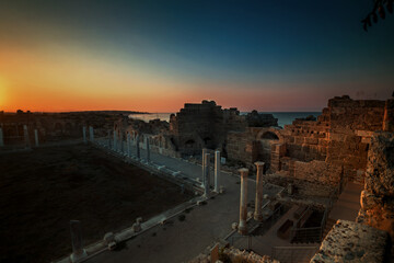 Fototapeta premium View of ancient ruins at sunrise in Side, Turkey.