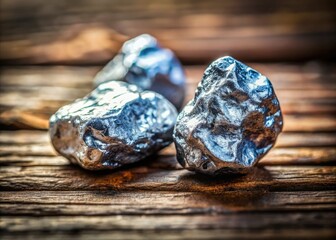 Gleaming silver nuggets, meticulously arranged on aged wood, reflect wealth and geological wonder in a macro still life.