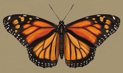 Fototapeta premium A vibrant monarch butterfly with distinct orange and black wings, showcasing intricate patterns against a muted background.