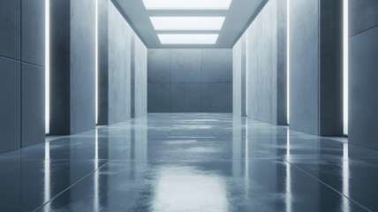 Fototapeta premium Futuristic Interior with Glossy Concrete Surfaces and Science Fiction Lighting Panels. Modern Tech Background.