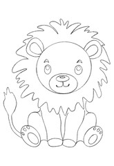 Coloring book sketch featuring a cute lion character with a fluffy mane