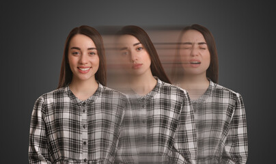 Young woman coping with crisis and negative emotions on grey background, motion blur effect....