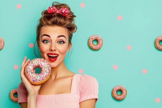 Pin up woman in a pink dress holding a sprinkled donut on a pastel blue background, perfect for retro dessert-themed designs - Powered by Adobe