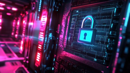 A futuristic digital lock securing sensitive data on a glowing screen, protected by advanced encryption algorithms and multi-layered security measures. 