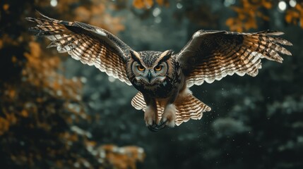 Obraz premium Majestic owl in flight, wings outstretched, sharp focus.