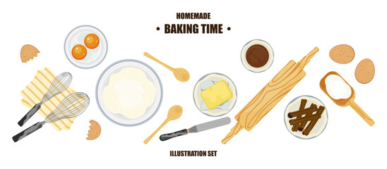 Baking illustration set. Elements. Baking, bakery, cooking, sweet products, dessert, pastries concept. Vector illustrations isolated on white background for posters, banners, cards, and advertisements