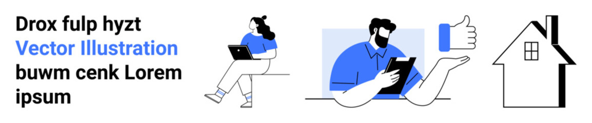 Text, woman working on laptop, man using tablet, thumbs up icon, house. Ideal for remote work, online communication, technology use, work-life balance, digital collaboration, home office