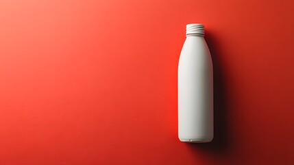 A white water bottle with a smooth matte surface on a deep coral red background.