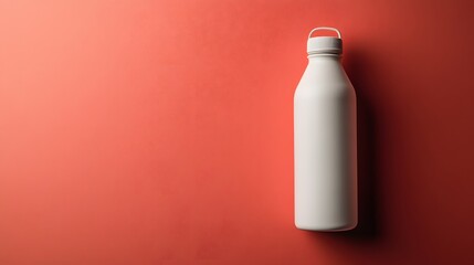 A white water bottle with a smooth matte surface on a deep coral red background.