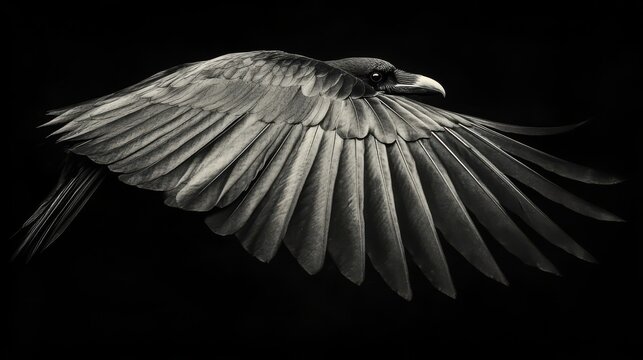 Majestic raven in flight, black and white.