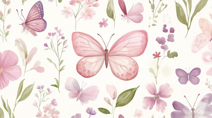 Colorful butterflies and flowers in a whimsical style  