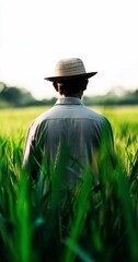 A person in a straw hat stands in a lush green field.