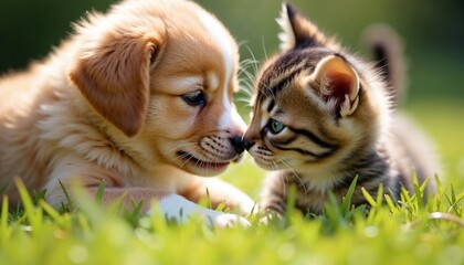 Obraz premium Cute puppy and kitten touching noses while playing on the grass in a sunny setting