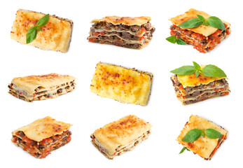 Pieces of delicious lasagna isolated on white, set