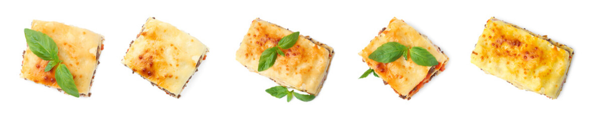 Pieces of delicious lasagna isolated on white, set. Top view