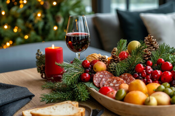 Naklejka premium A bowl of fruit and a glass of wine on a table