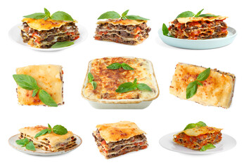 Delicious lasagna isolated on white, set. Italian cuisine
