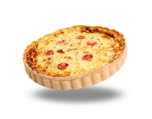 Delicious quiche with cheese and tomatoes in air on white background