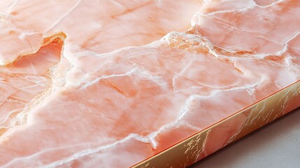 Close-up view of a textured, light peach-colored onyx stone slab with gold trim.