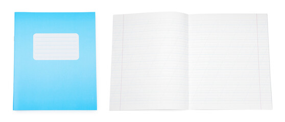 Open and closed notebook on white background. School stationery