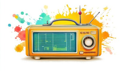 Vintage Style Radio with Vibrant Splash Background, Retro Design Elements Showcasing Nostalgic...